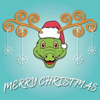 Cute Crocodile Head Cartoon Christmass Card. Wearing Hat and Funny Christmas. vector