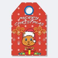 Merry Christmas Happy New Year hand drawn label tag With Cute Cat Head Character Design. vector