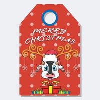 feliz navidad feliz año nuevo etiqueta etiqueta dibujada a mano con lindo diseño de personaje de cabeza de vaca. vector