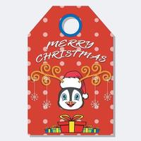 Merry Christmas Happy New Year hand drawn label tag With Cute Penguin Head Character Design. vector