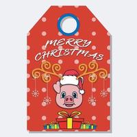 Merry Christmas Happy New Year hand drawn label tag With Cute Pig Head Character Design. vector