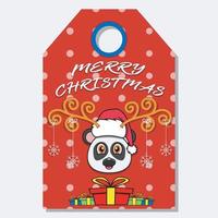 Merry Christmas Happy New Year hand drawn label tag With Cute Panda Head Character Design. vector