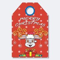 Merry Christmas Happy New Year hand drawn label tag With Cute Rabbit Head Character Design. vector