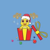 Cute Duck On Gift with Santa Claus Hat. For Background, Template, Icon, Banner, Invitation, Greeting Card, Inspiration design and Flyer. vector