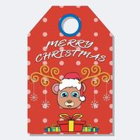 Merry Christmas Happy New Year hand drawn label tag With Cute Bear Head Character Design. vector