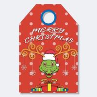 Merry Christmas Happy New Year hand drawn label tag With Cute Crocodile Head Character Design. vector