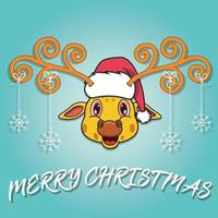 Cute Giraffe Head Cartoon Christmass Card. Wearing Hat and Funny Christmas. vector