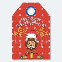 Merry Christmas Happy New Year hand drawn label tag With Cute Lion Head Character Design. vector