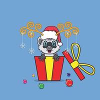 Cute Raccoon On Gift with Santa Claus Hat. For Background, Template, Icon, Banner, Invitation, Greeting Card, Inspiration design and Flyer. vector