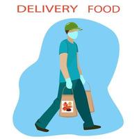A courier delivers food on foot wearing a mask and gloves vector