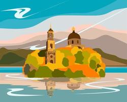 Landscape with an island in the center of the lake and a Church vector