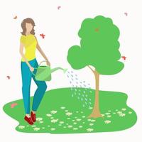 The girl only waters the planted tree vector