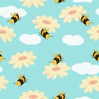 Seamless pattern of funny bees and daisies with clouds vector