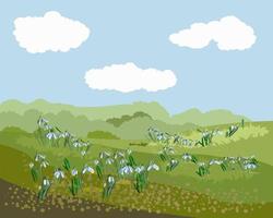 Spring meadow with snowdrops and clouds vector