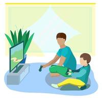 hermanos o padre e hijo juegan videojuegos en casa vector