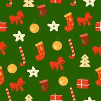 Christmas elements seamless pattern on green background vector