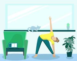 The girl does yoga in between working on a laptop vector