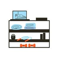 A shelf with sports equipment and a laptop with a workout. vector