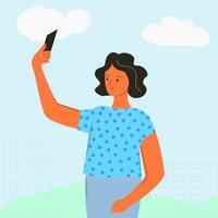 The girl takes pictures of herself on the phone on the street. vector