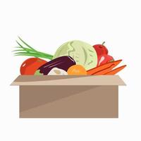 Caja de cartón con verduras y frutas para entrega. vector