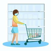 A woman in a store with a cart wearing gloves and a mask vector