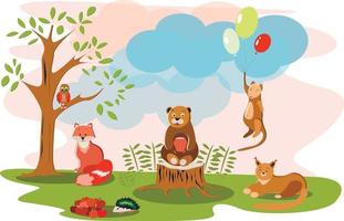 children's drawing animals in a meadow near a tree vector