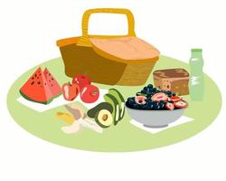 Set of products for a picnic with a large wicker basket vector