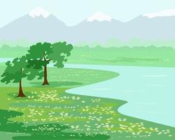Spring landscape meadow river and mountains in the background vector