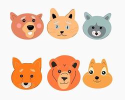 un conjunto de caras de animales como un oso, mapache, león y arcos. vector