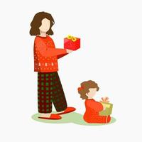 Two older and younger girls receive gifts vector