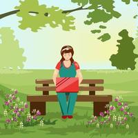 A woman works at a laptop in a Park vector