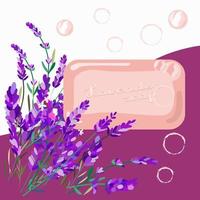 A bar of lavender-scented soap and flowers vector