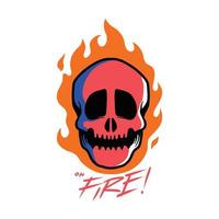 a red head skull on the blaze. a scary, dangerous, and warn vector illustration in hand-drawn style. evil illustration in cartoon.