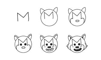 how to draw a cute wolf from M step by step. easy and fun activity for kids development and creativity. tutorial of drawing animal and object from alphabet series in vector illustration.