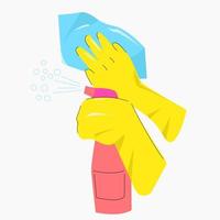 manos con guantes amarillos y una botella de spray. vector