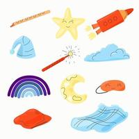 Set of elements for children's design with clouds and the moon and a magic wand. vector