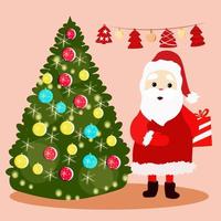 santa claus sostiene un regalo cerca del árbol de navidad vector