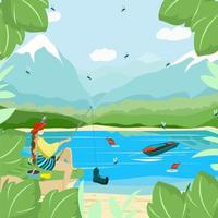 niña pescando en el lago con una caña de pescar vector