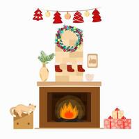 Chimenea navideña con decoraciones y regalos de gatos. vector