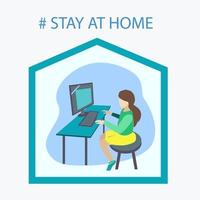 The girl is studying at the computer at home vector