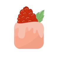 A small cake with raspberries on top and a mastic leaf. vector