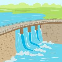 Hydroelectric power plant with a bridge over it and falling water. vector