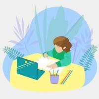 A girl draws at a table with a laptop vector