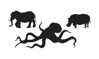 el objeto abstracto en los estilos escandinavos contemporáneos. ilustraciones de vectores de tinta de silueta de lobo, caballo y elefante que tienen algún patrón de adorno en la espalda.