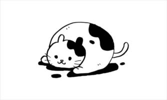 lindo gato perezoso con una gran grasa corporal somnoliento tirado en el suelo. Ilustración de dibujos animados de animales divertidos. Doodle estilo de dibujo del vector de diseño de gatito.