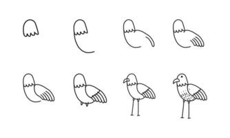how to draw a cute bird step by step. pets animal cartoon coloring character collection for kids. easy funny animal drawing illustration for kids creativity. drawing guide book in vector design.