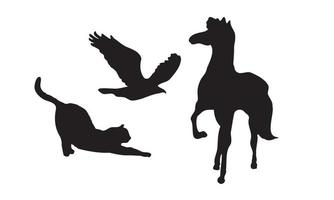 the abstract object in contemporary Scandinavian styles. silhouette ink vector illustrations of horse, bird and cat that have some ornament pattern on the back.