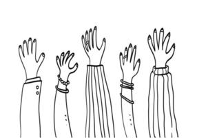 raise hand in diversity. many hands raised up hand drawing illustration in cartoon. applause people hand drawn in vector design.