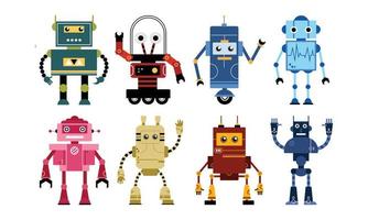 conjunto de ilustraciones vectoriales de robots coloridos. dibujo de robots sobre fondo blanco en varios tipos. colección de diseño de elementos futuristas. vector