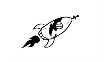 Icono de dibujo de doodle de nave espacial de cohete volador. una nave espacial con fuego encendido. Ilustración de dibujos animados animados cosmos vector dibujado a mano para niños y cualquier diseño.